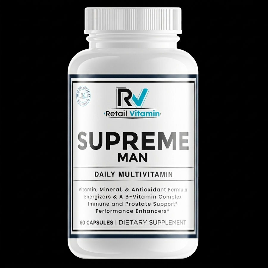 Supreme Man 60-Capsule Men's Multivitamin bottle – blue and white RetailVitamin label for daily nutritional balance