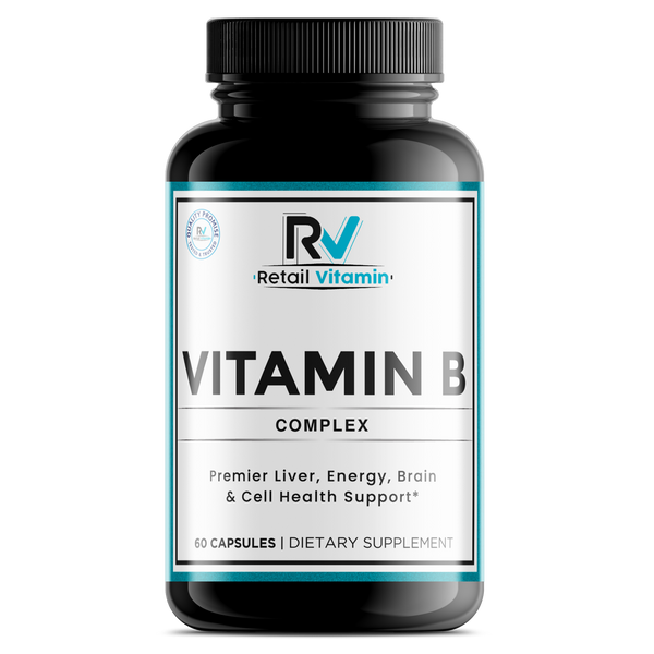 Vitamin B Complex 60-Capsule Advanced Formula bottle – teal RetailVitamin label supporting energy and brain health