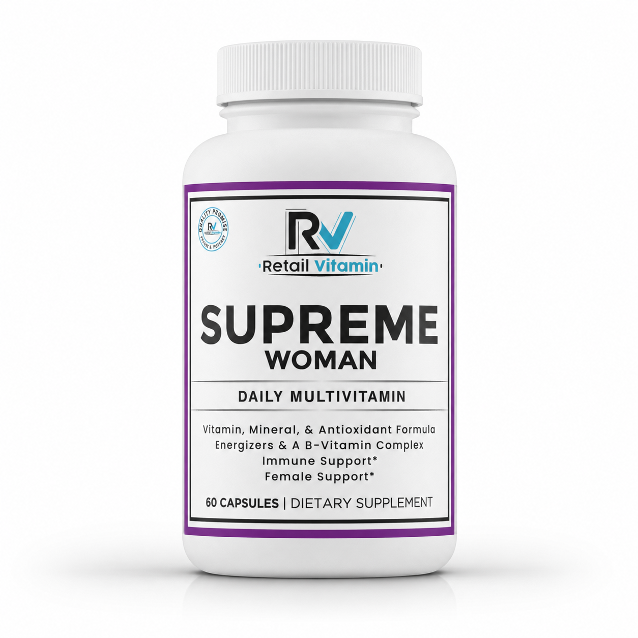 Supreme Woman 60-Capsule Women's Multivitamin bottle – white and purple-blue RetailVitamin label for daily nutrient support