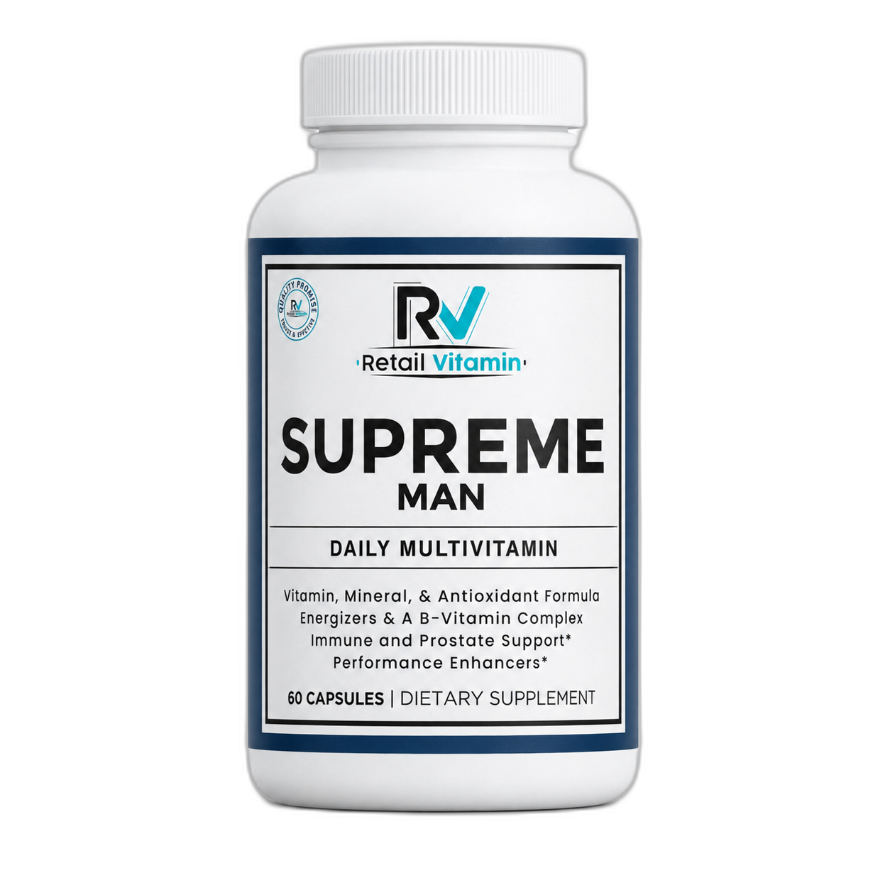 Supreme Man 60-Capsule Men's Multivitamin bottle – blue and white RetailVitamin label for daily nutritional balance