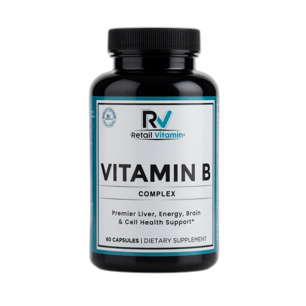 Vitamin B Complex 60-Capsule Advanced Formula bottle – teal RetailVitamin label supporting energy and brain health